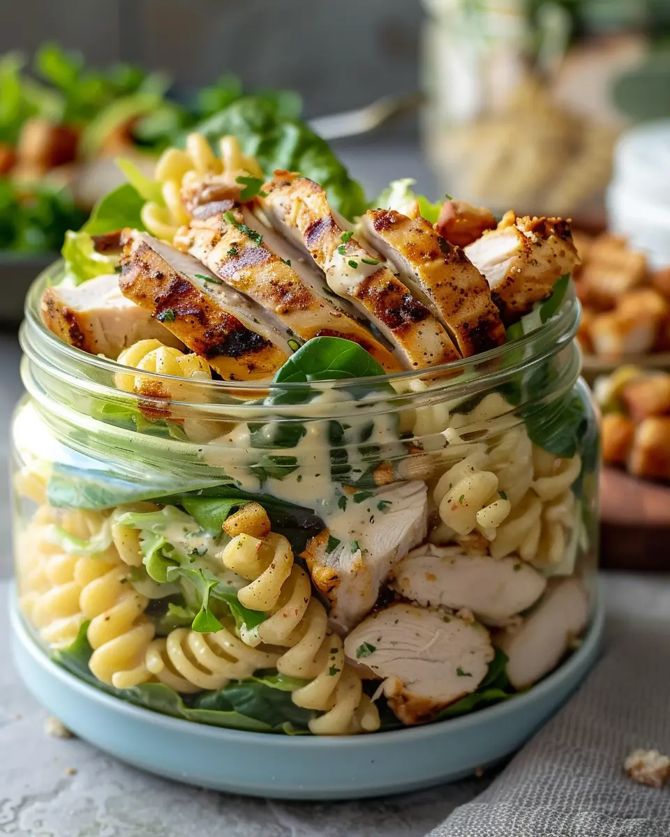 Grilled Chicken Caesar Pasta Salad Jars: Easy Healthy Meal Prep
