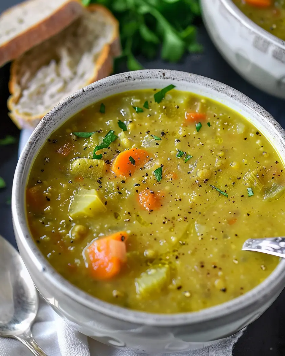 High Protein Classic Split Pea Soup with Turkey Bacon and Chicken Ham